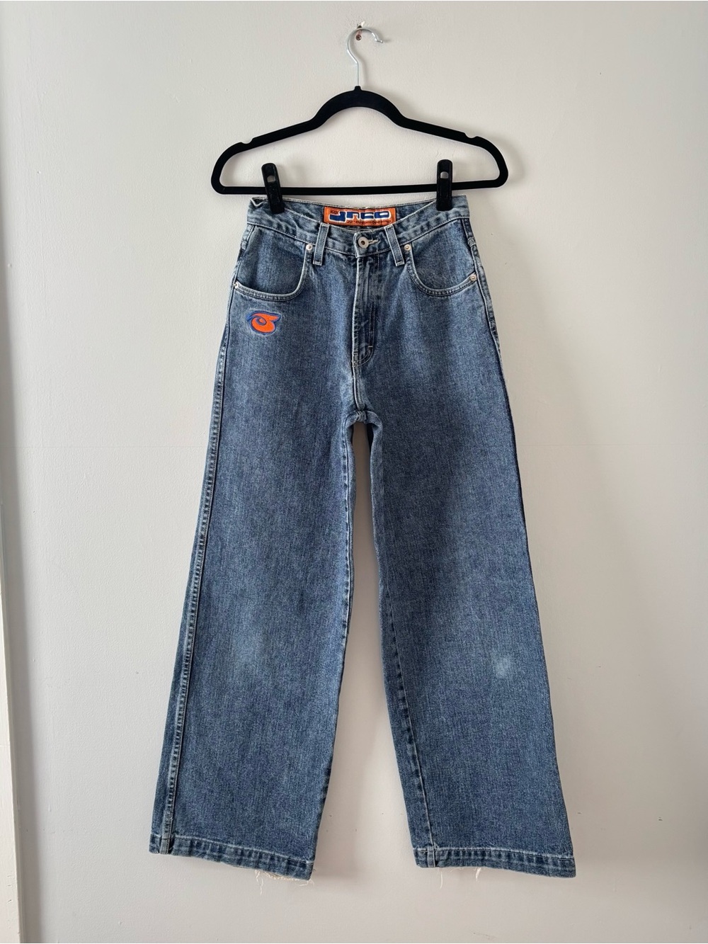 JNCO Blue Wide-Leg Flare Jeans with Orange Logo Patch